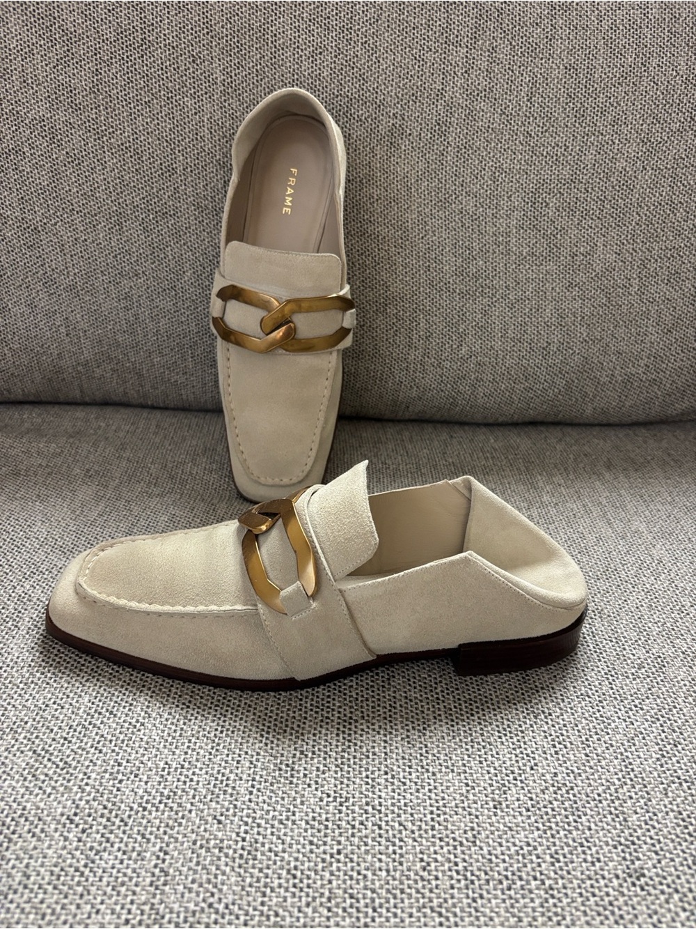 le Miramar loafers by Frame ,  Beige Suede Loafers with Gold Chain Accent